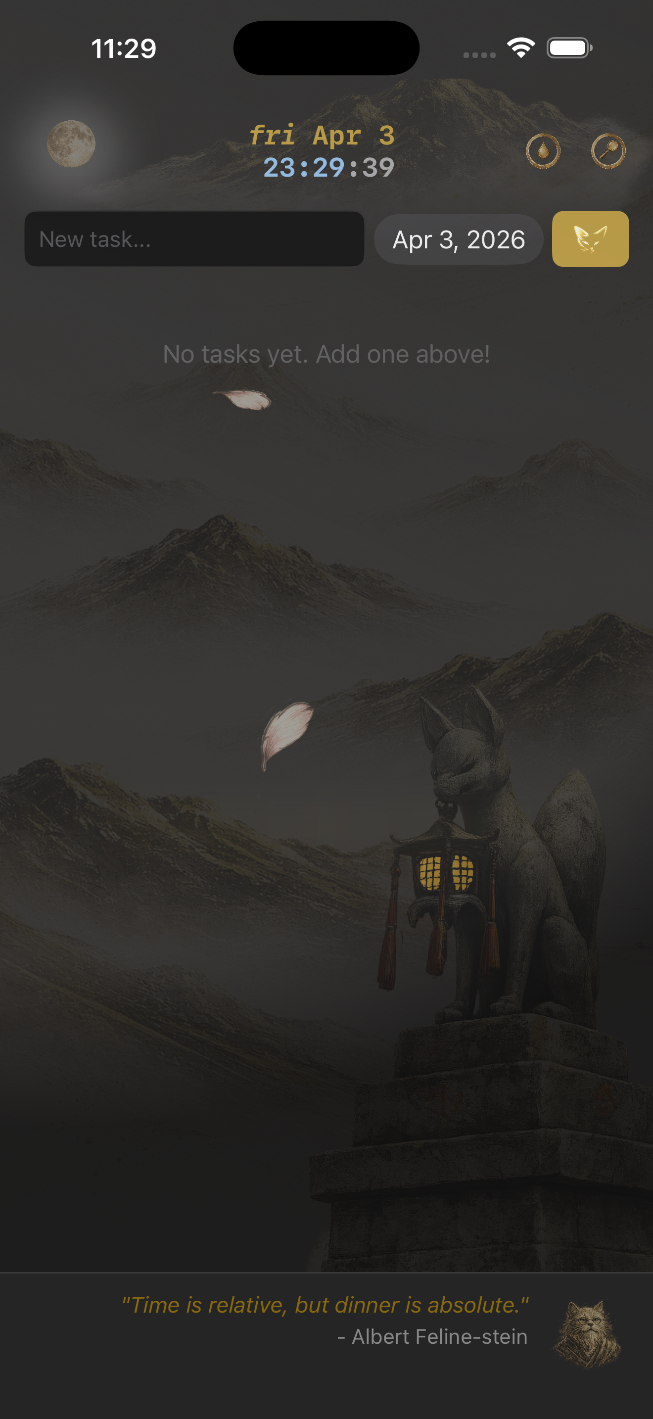 meOwgenda empty task list with kitsune lantern and mountain scene