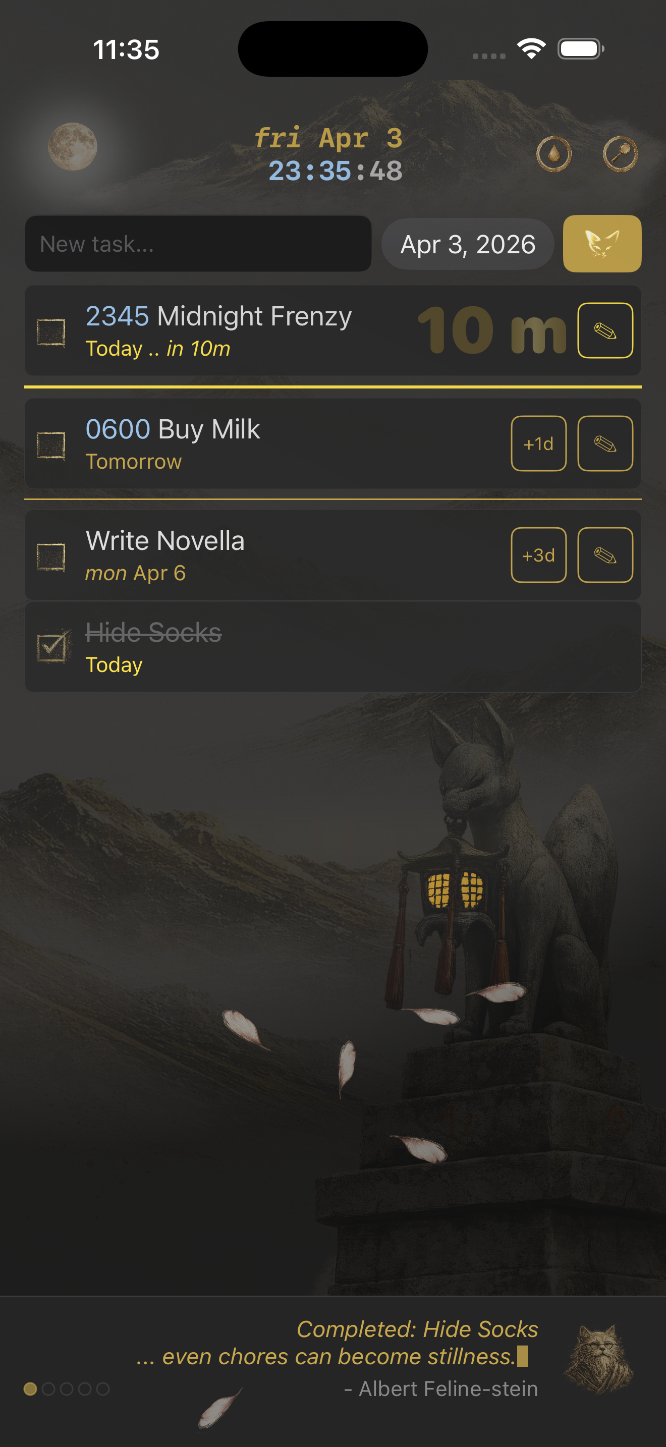 meOwgenda task list with tasks and kitsune lantern scene