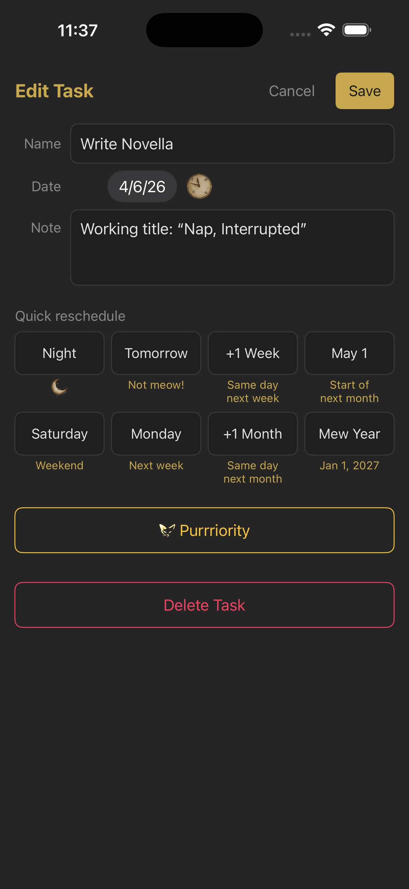 meOwgenda edit task with quick reschedule and purrriority