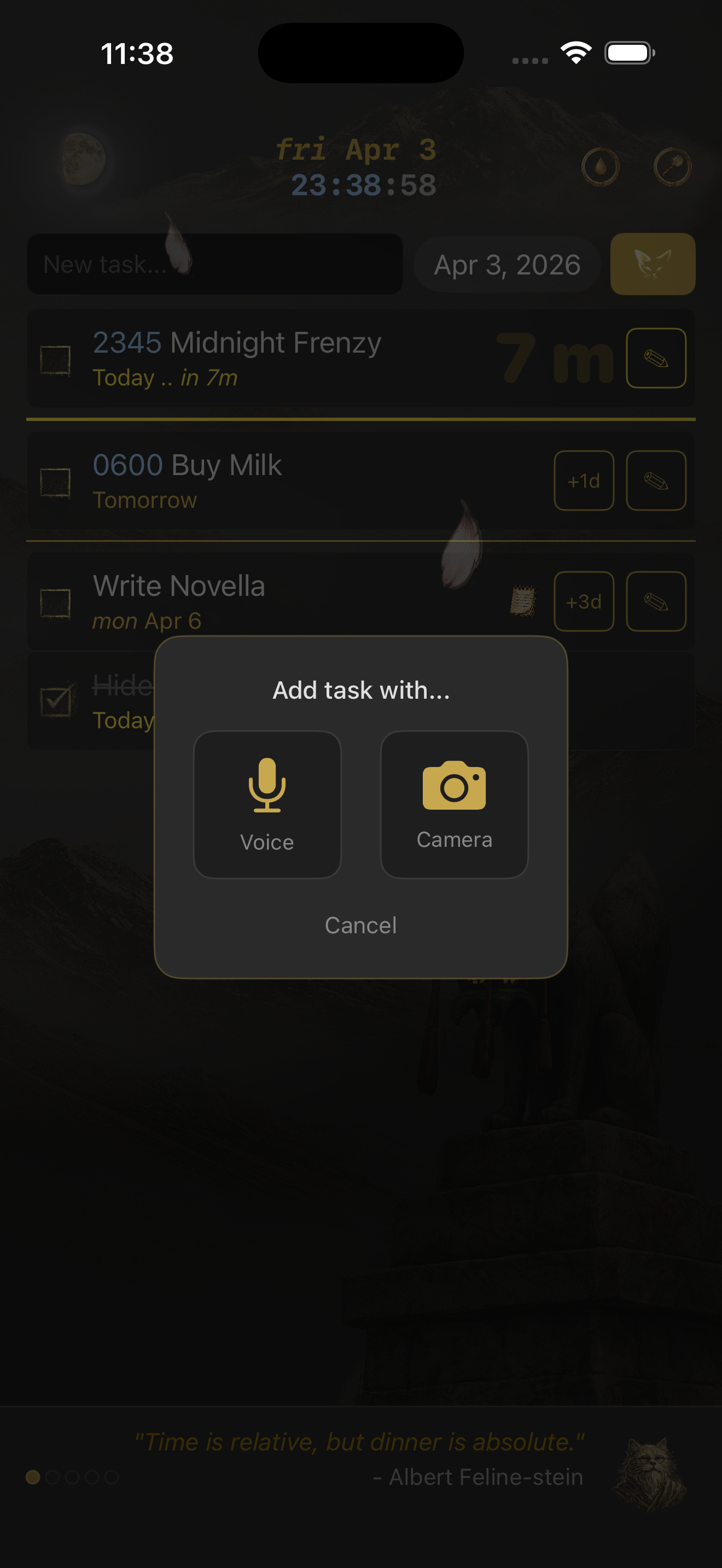 meOwgenda AI-assisted task entry with voice and camera options