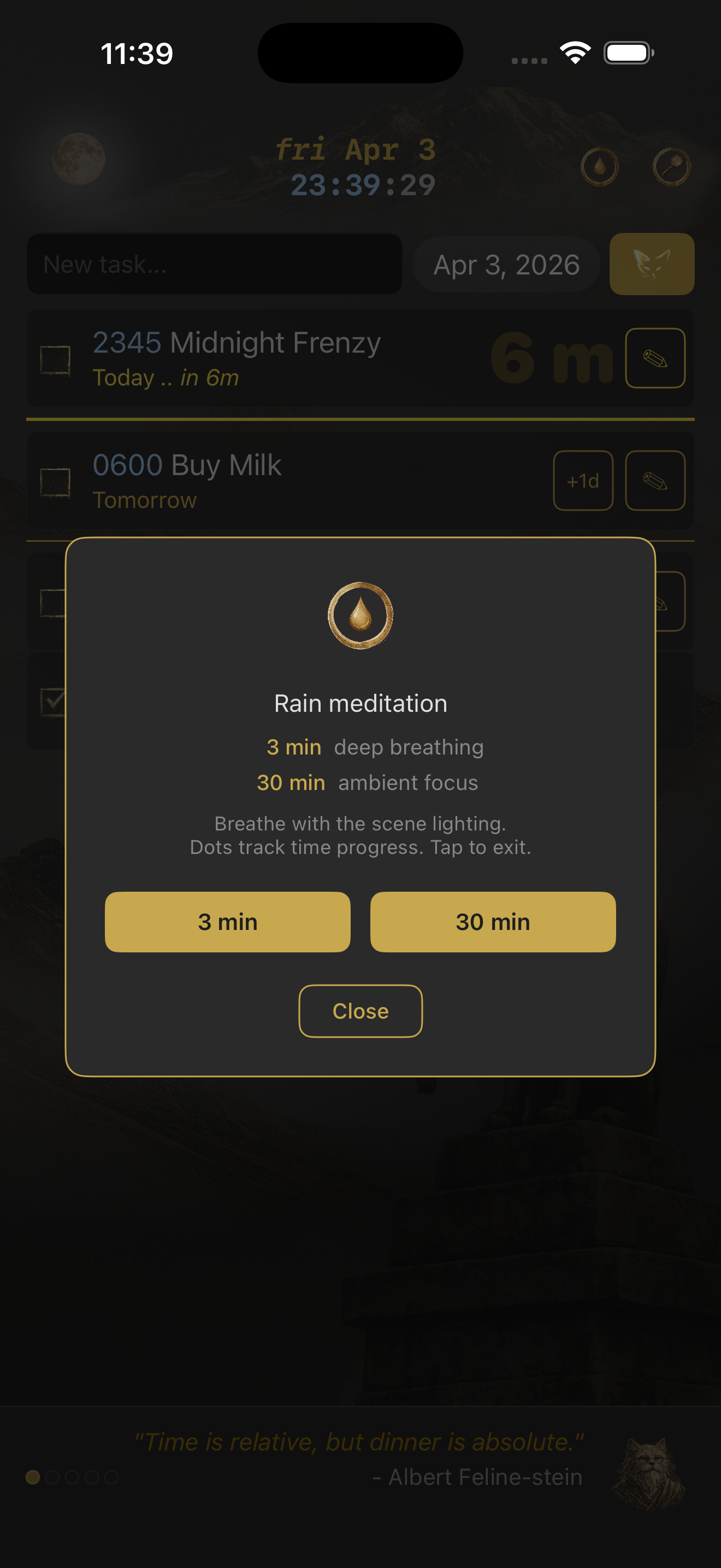 meOwgenda rain meditation with breathing and ambient focus