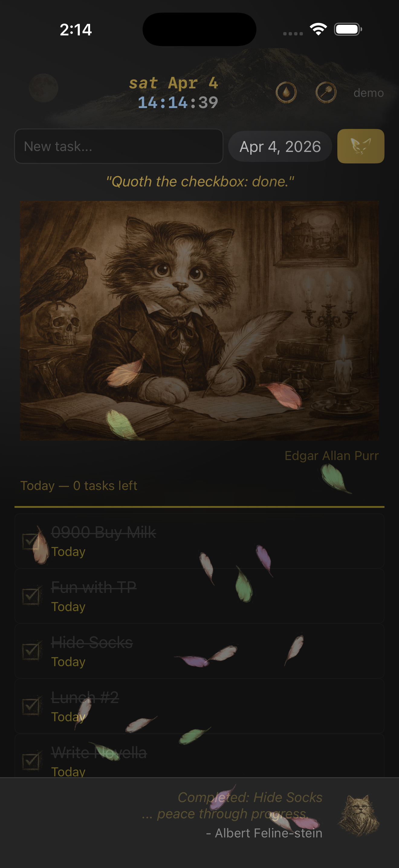 meOwgenda all tasks complete with cat portrait and quote